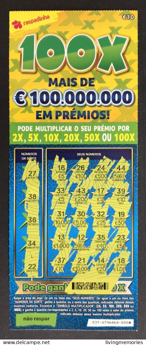 116 O, PORTUGAL, Lottery Ticket« Raspadinha », « Instant Lottery », « 100 X Mais De €100.000.000 ... », Nº 537 - Lottery Tickets