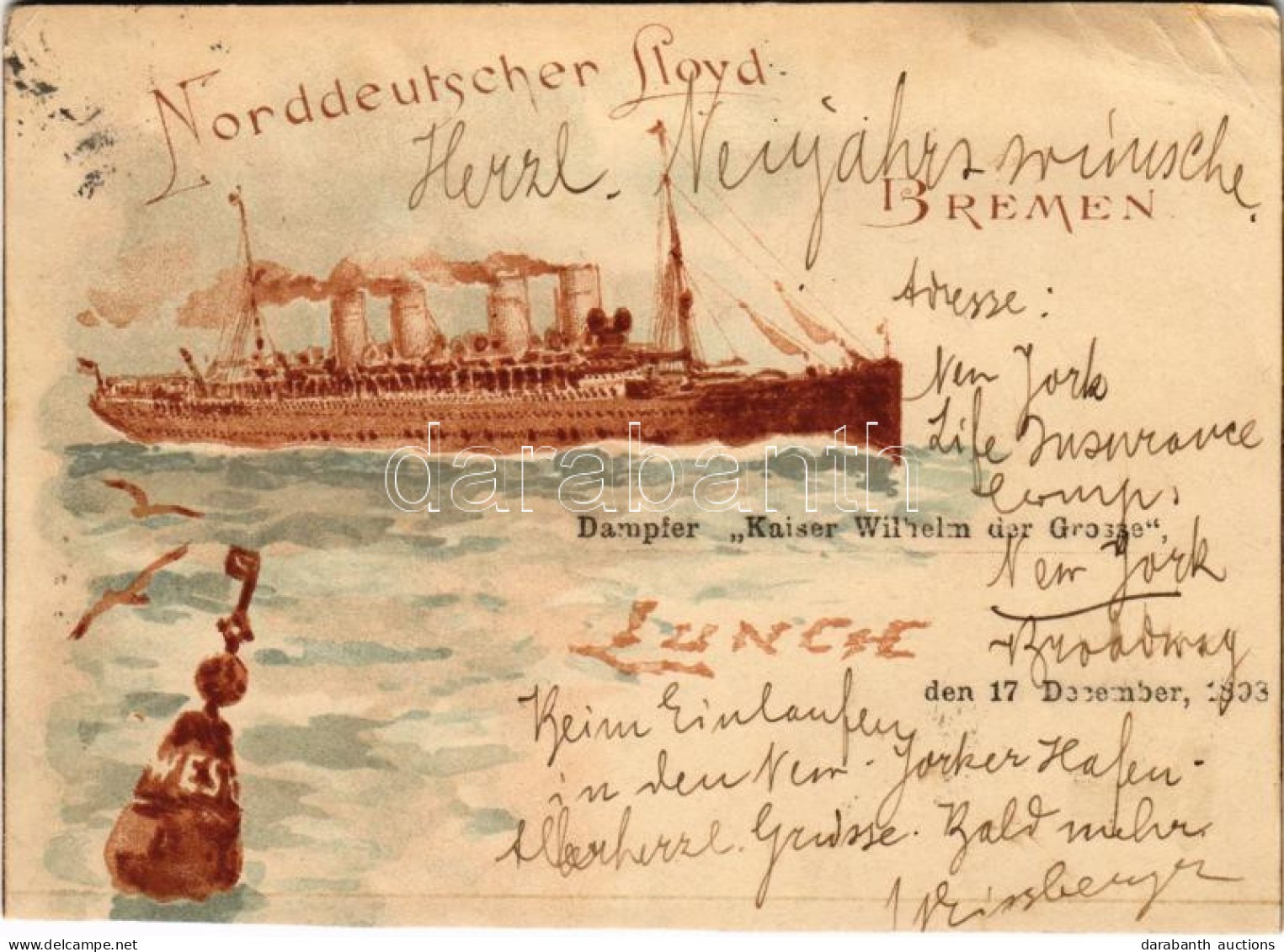 T4 1898 (Vorläufer) Norddeutscher Lloyd Dampfer "Kaiser Wilhelm Der Grosse" / German Steamship Litho (vágott / Cut) - Non Classés