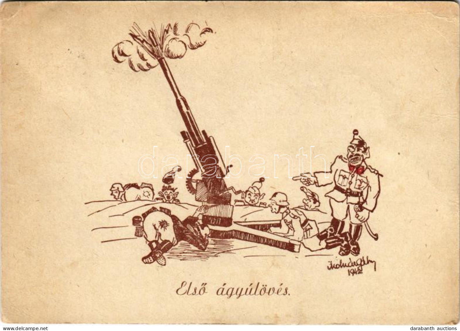 T3 1943 Első ágyúlövés. Katonai Humor Képeslap / WWII Hungarian Military Humour Art Postcard S: Molnár Gábor (EK) - Unclassified