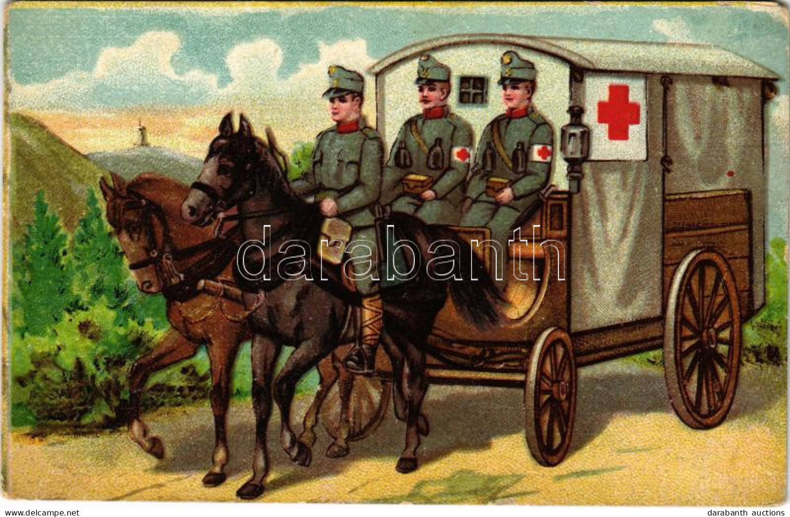 ** T2/T3 Vöröskeresztes Katonák Lovaskocsival / K.u.K. Military, Red Cross Soldiers With Horse-drawn Carriage. Litho (EM - Zonder Classificatie