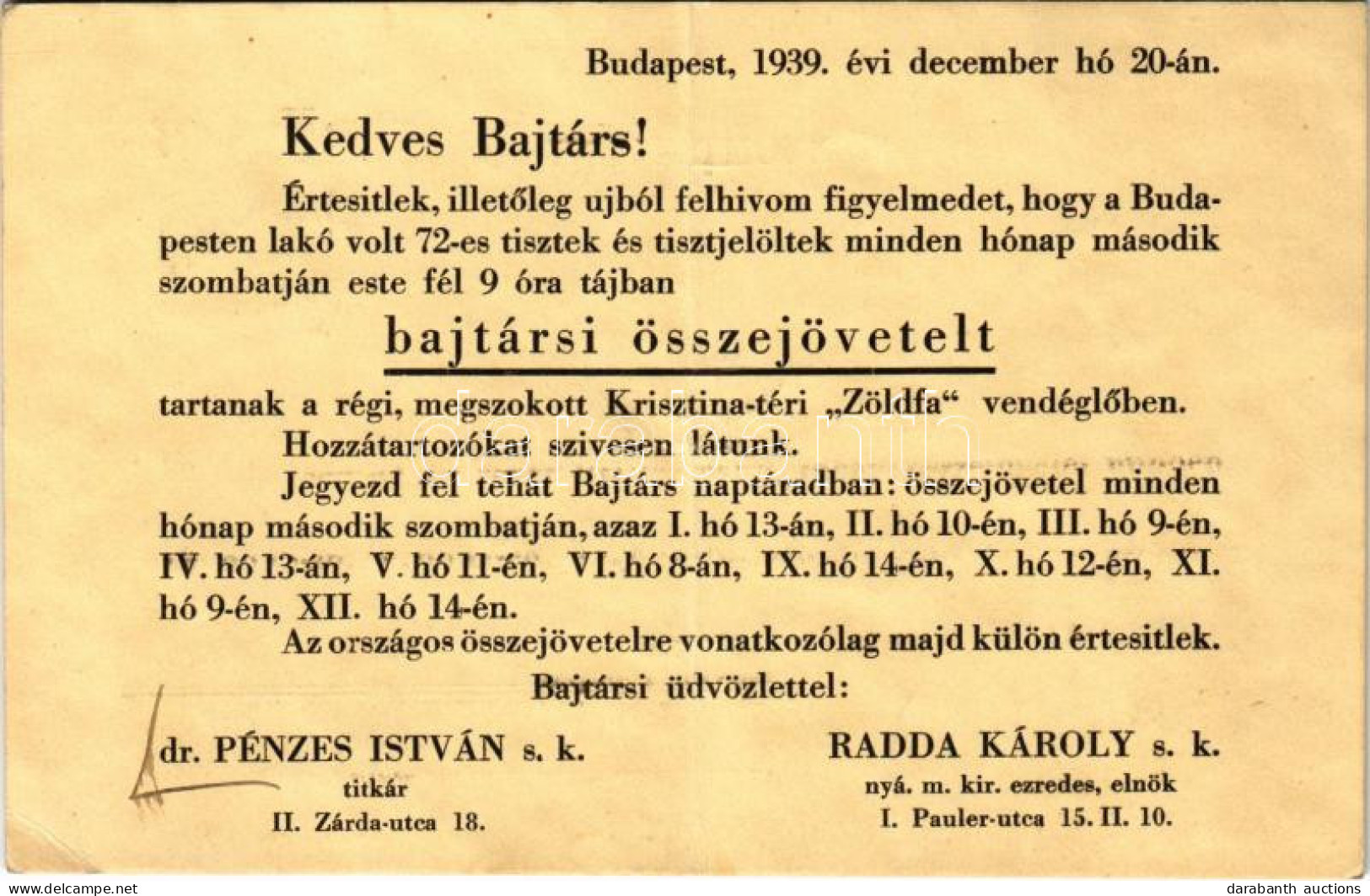 T3/T4 1939 Budapest, Kedves Bajtárs! A Volt 72-es Tisztek és Tisztjelöltek Bajtársi összejövetelének Meghívója A Kriszti - Unclassified