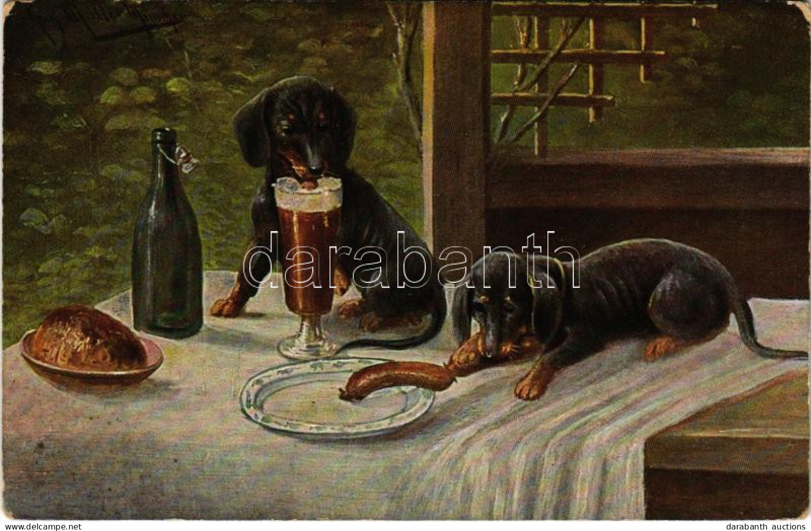 T2/T3 1914 Dachshund Dogs With Beer, Bread And Sausage. Serie 566. (6 Dess.) S: Aug. Müller (kopott Sarkak / Worn Corner - Ohne Zuordnung