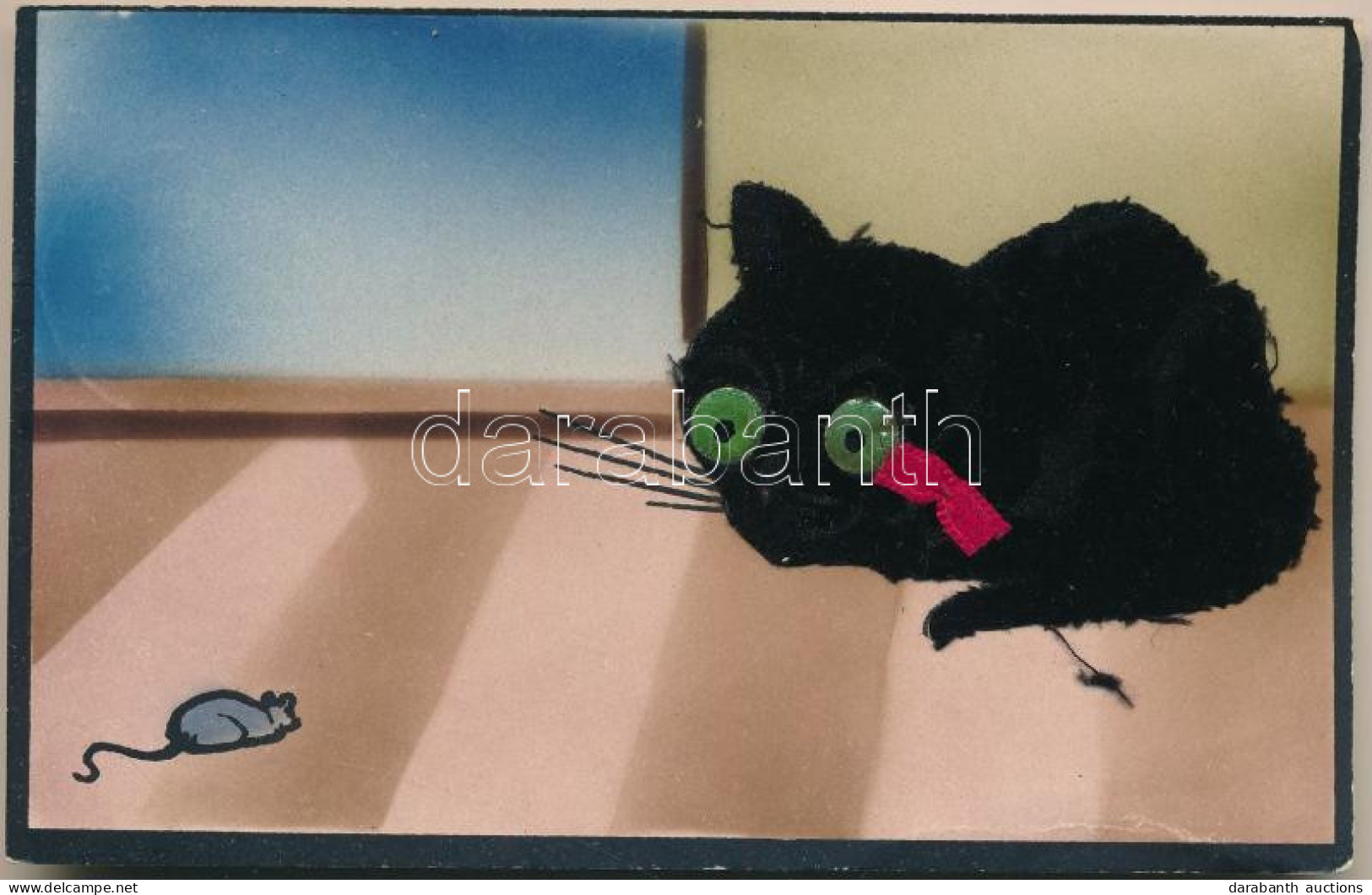 * T2/T3 1912 Fekete Macska Egérrel, Bársony Textil Lap / Black Cat With Mouse. Textile Card (gyűrődések / Creases) - Unclassified