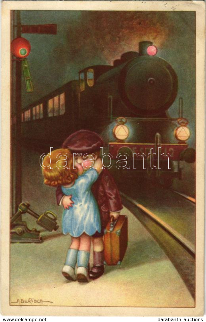 T2/T3 1930 Gyerekek A Vasútállomáson, érkező Gőzmozdony, Vonat. Olasz Művészlap, Barasits Kiadása / Children At The Rail - Unclassified
