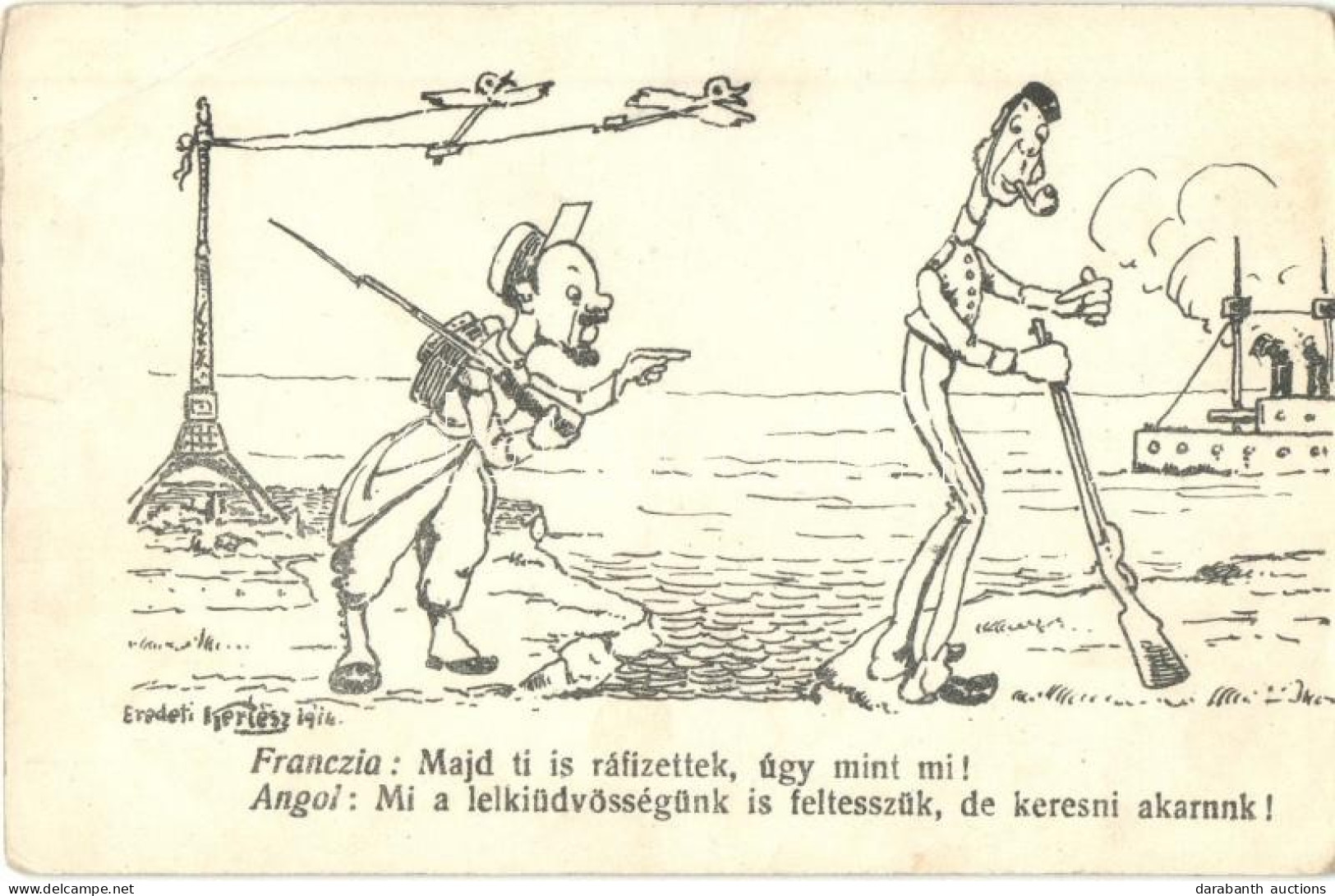 ** T3 Francia és Angol Katona. Első Világháborús Szatirikus Képeslap / WWI Satirical Propaganda Art Postcard. British An - Non Classés