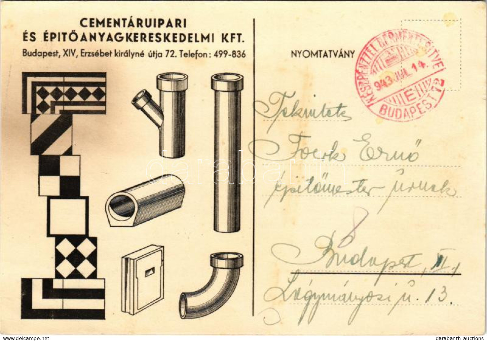T2/T3 1943 Cementáruipari és Építőanyagkereskedelmi Kft. Reklámja. Budapest XIV. Erzsébet Királyné útja 72. (fl) - Non Classificati