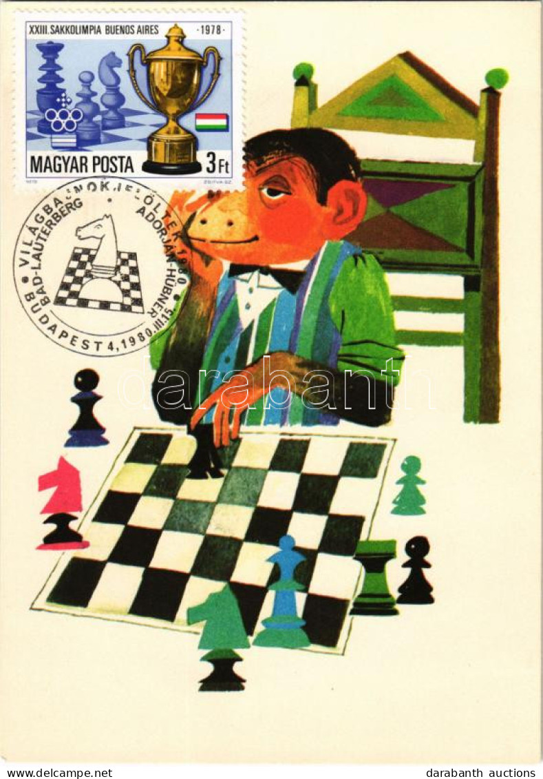 * T2 Sakkozó Majom. Rajz: Tomoska Irén. Képzőművészeti Alap Kiadóvállalata / Monkey Playing Chess + So. Stpl - Non Classés