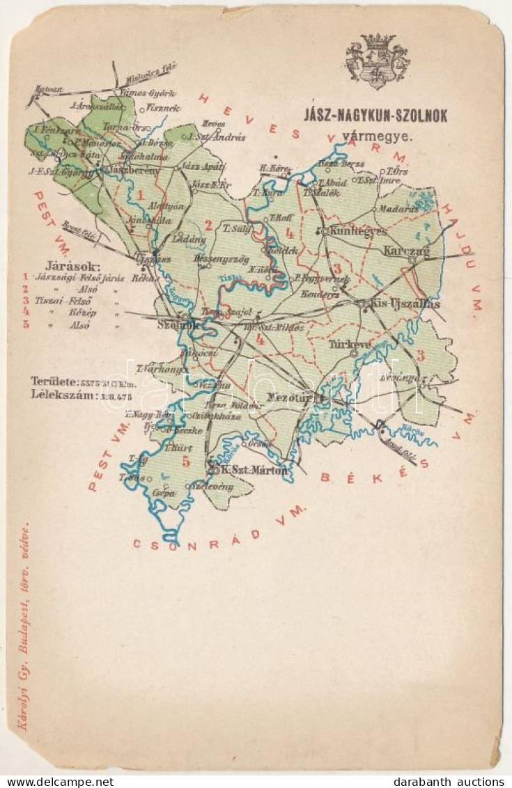 ** T4 Jász-Nagykun-Szolnok Vármegye Térképe. Kiadja Károlyi Gy. / Map Of Jász-Nagykun-Szolnok County (szakadások / Tears - Zonder Classificatie