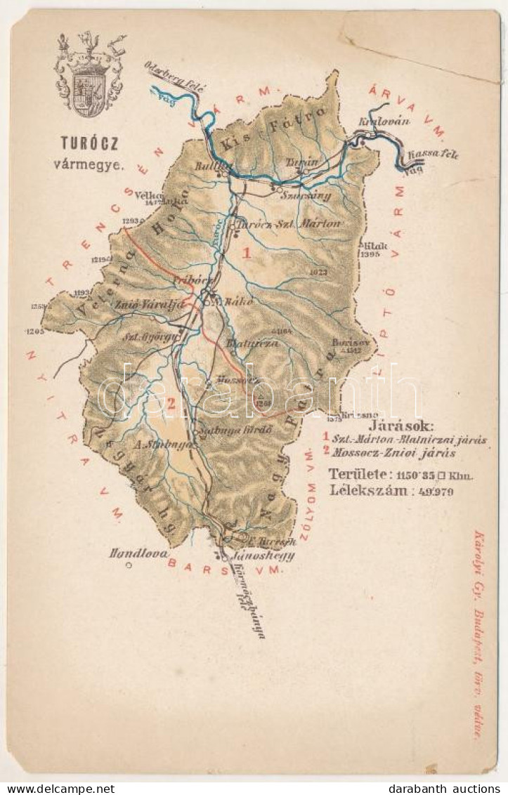 ** T4 Turóc Vármegye Térképe. Kiadja Károlyi Gy. / Map Of Turiec County (r) - Non Classés