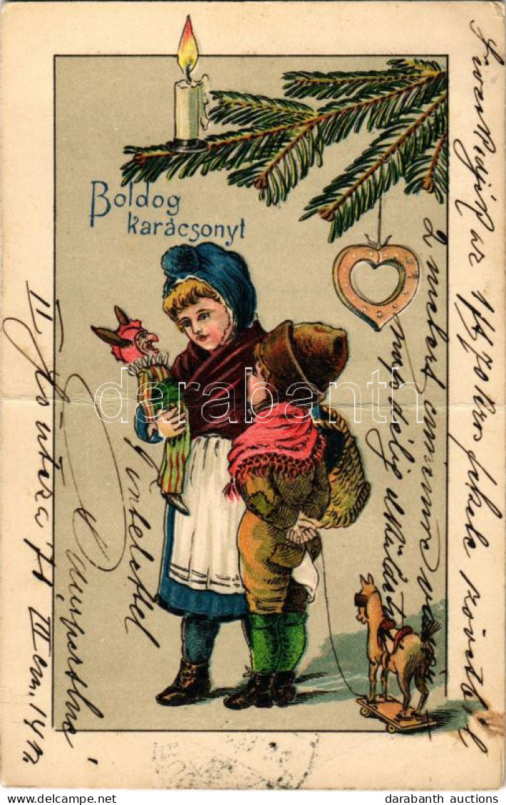 T4 1903 Boldog Karácsonyt! Gyerekek Krampusz Figurával / Christmas Greeting Art Postcard, Children With Krampus Toys. Em - Ohne Zuordnung