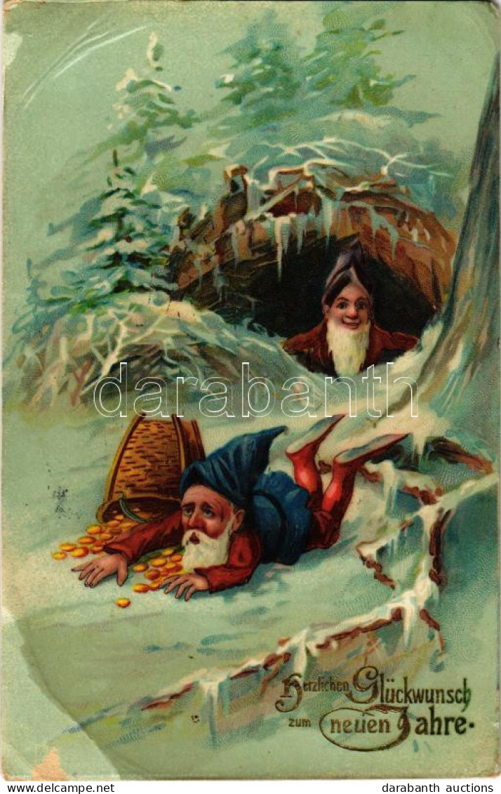 T3/T4 1909 Herzlichen Glückwunsch Zum Neuen Jahre / Újévi üdvözlet, Törpök Arany Pénzzel / New Year Greeting, Dwarves Wi - Zonder Classificatie