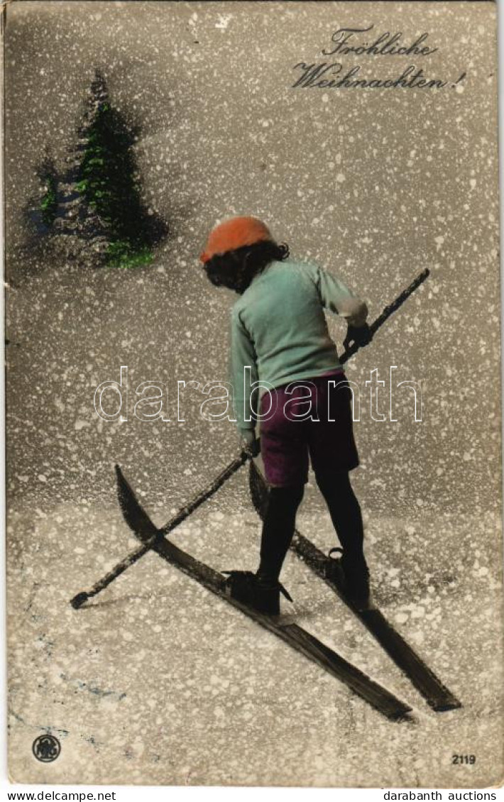 T2/T3 1916 Fröhliche Weihnachten! / Christmas Greeting Postcard, Winter Sport, Ski (kis Szakadás / Small Tear) - Zonder Classificatie