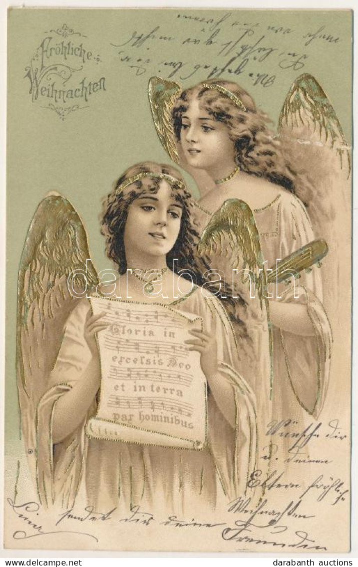 T4 1904 Fröhliche Weihnachten / Christmas Greeting With Angels And Music Sheet. Golden Embossed Litho (b) - Ohne Zuordnung