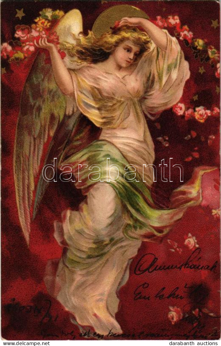 T2/T3 1903 Greeting Art Postcard With Angel. Emb. Floral, Litho (EK) - Zonder Classificatie