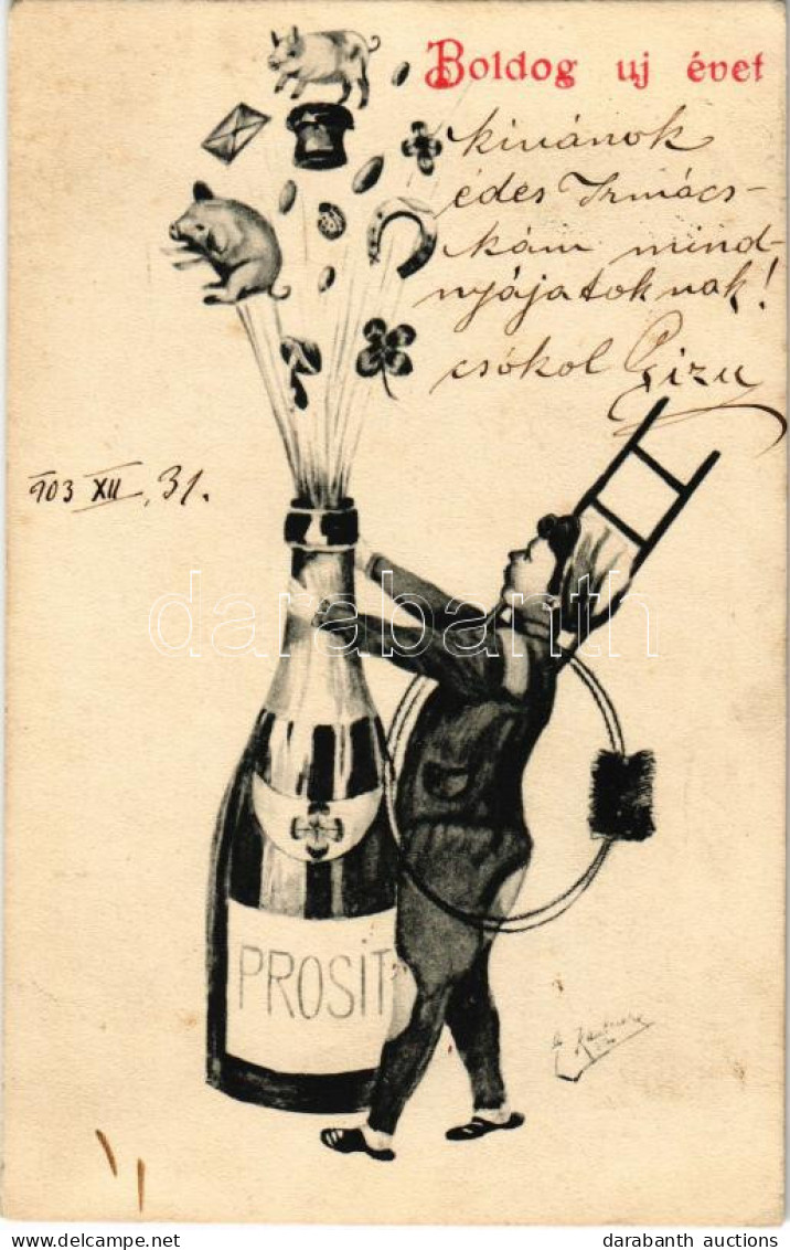 T2/T3 1903 Boldog Újévet! / New Year Greeting Art Postcard, Chimney Sweeper With Champagne, Pigs And Clovers (fl) - Unclassified