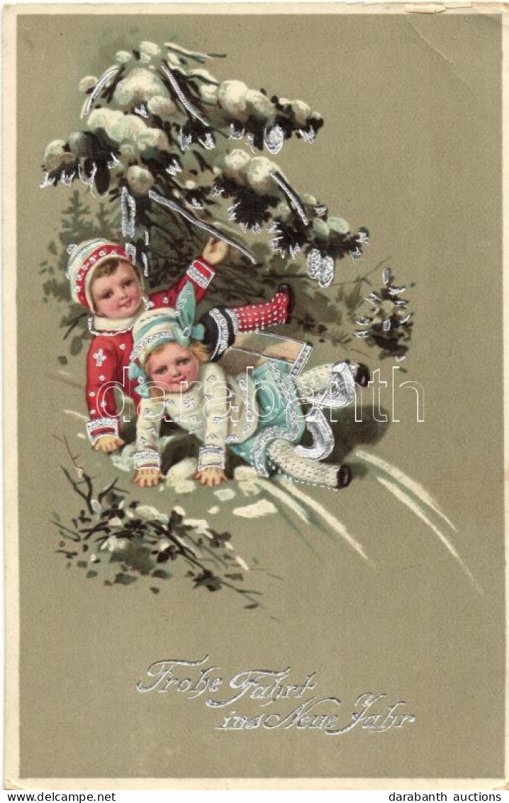 * T3 New Year, Sledging Children, HWB Ser. 4528. Silver Decoration, Litho (EB) - Unclassified