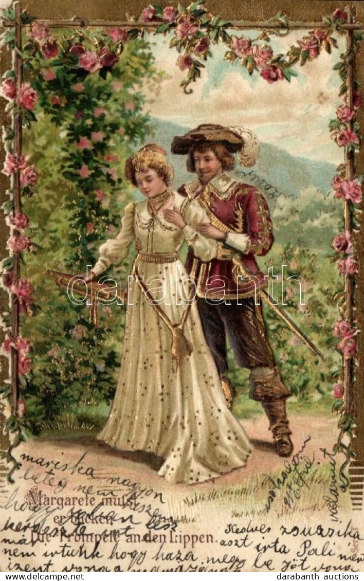 * T3 Margarete Musst Die Trompete An Den Lippen / Romantic Art Postcard, Couple, Golden Decorated Floral Emb. Litho (EB) - Ohne Zuordnung