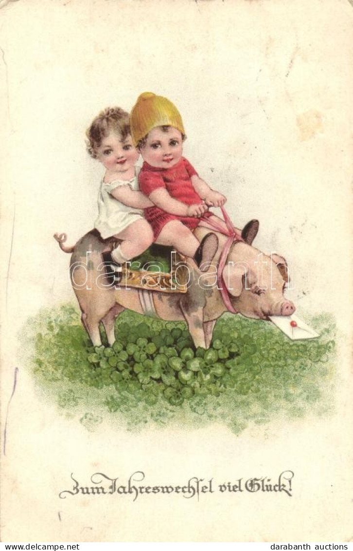 * T3 'Zum Jahreswechsel Viel Glück!' / New Year, Children Riding Pig On A Field Of Clovers, Litho (EB) - Ohne Zuordnung