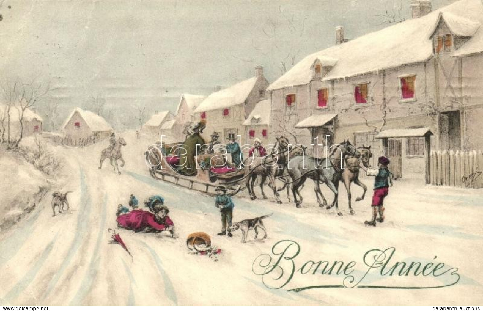 T3 'Bonne Année' / New Year, Horse Sled, Woman Fallen In The Snow, Collection Réve No. 026 (EB) - Ohne Zuordnung