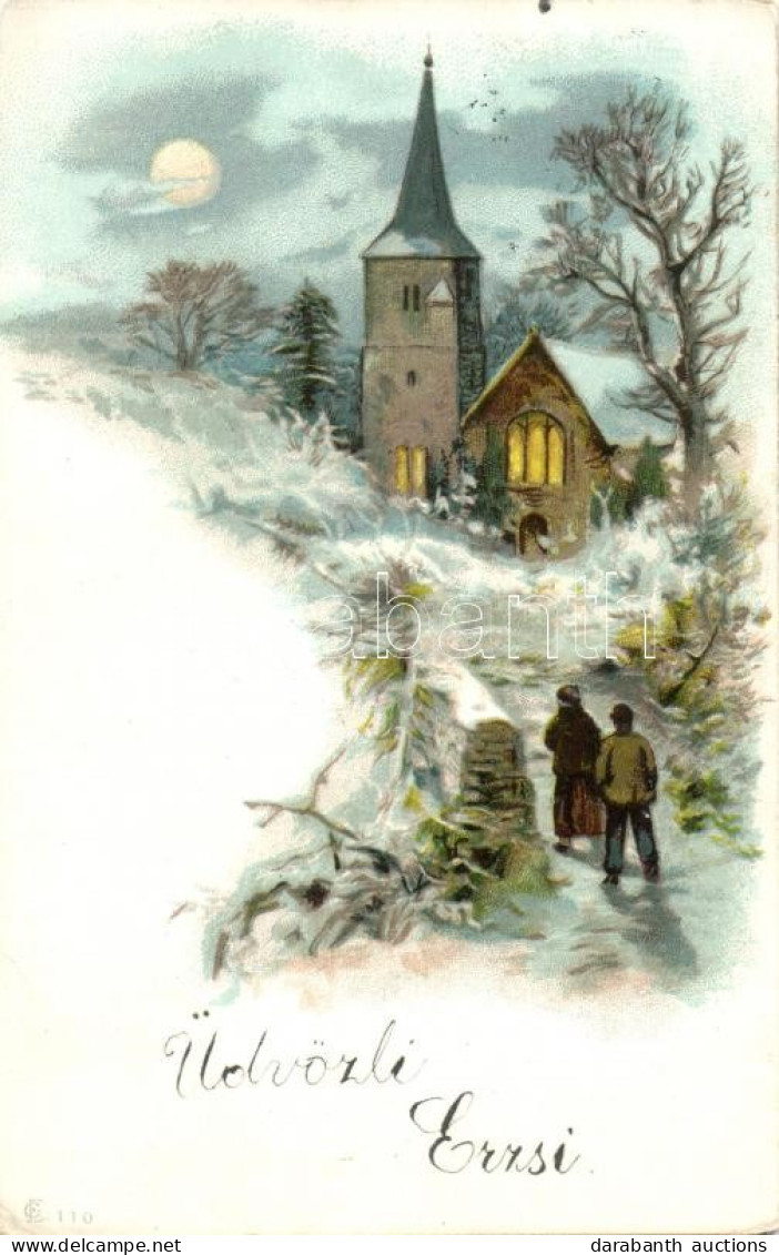 T3 Greeting Card, Lit Church During Wintertime, E.C. No. 110, Litho (EB) - Zonder Classificatie