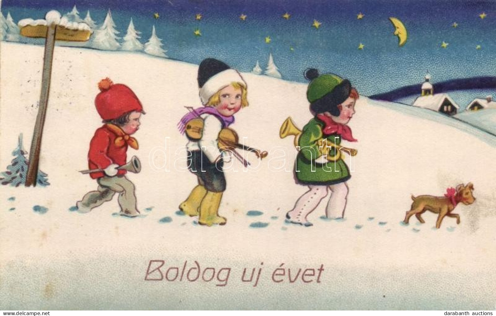 T3/T4 'Boldog új évet' / New Year, Children With Instruments, Amag No. 2229, Litho (kis Szakadás / Small Tear) - Sin Clasificación