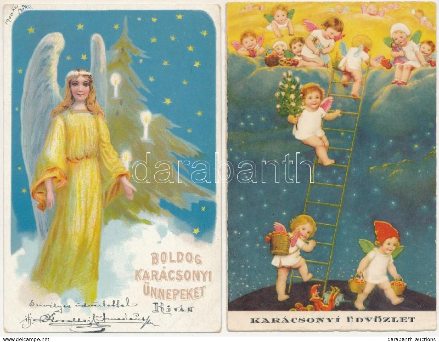 * 2 Db Régi Karácsonyi üdvözlőlap Angyalokkal / 2 Pre-1945 Christmas Greeting Art Postcards With Angels - Non Classés