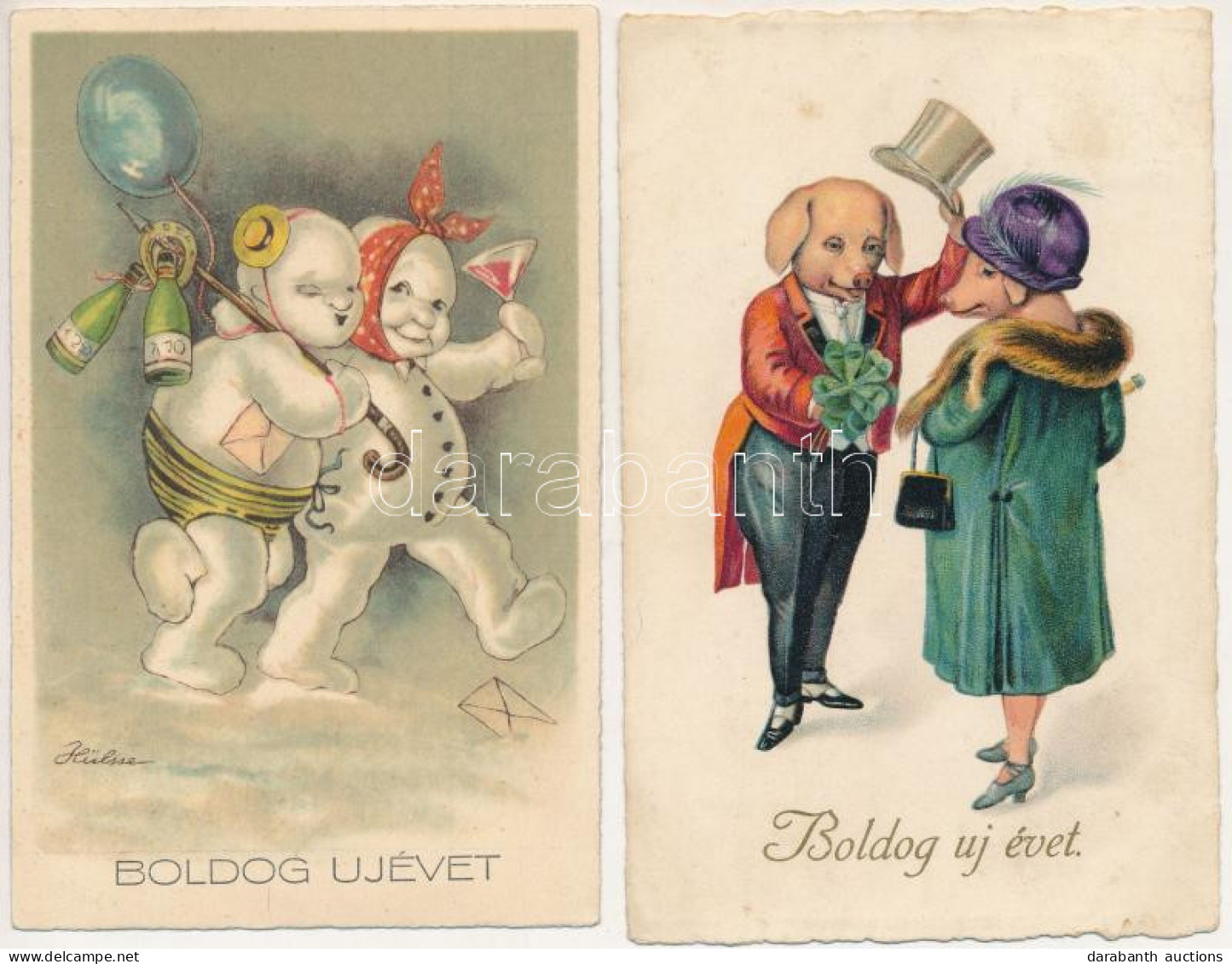 ** 2 Db Régi újévi üdvözlőlap Malacokkal és Hóemberekkel / 2 Pre-1945 New Year Greeting Art Postcards With Pigs And Snow - Sin Clasificación