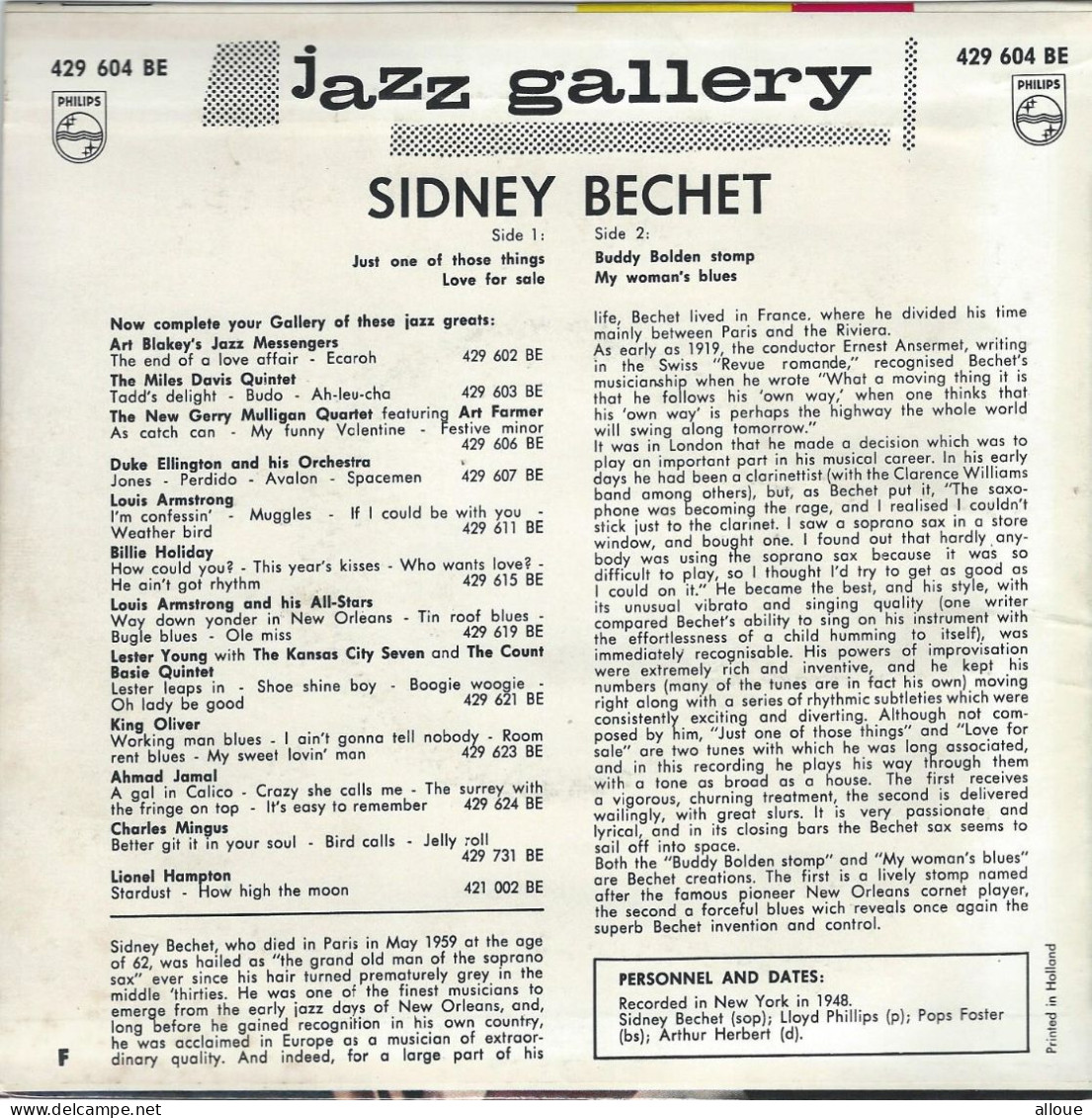 SIDNEY BECHET - JAZZ GALLERY - FR EP - JUST ONE OF THOSE THINGS + 3 - Jazz