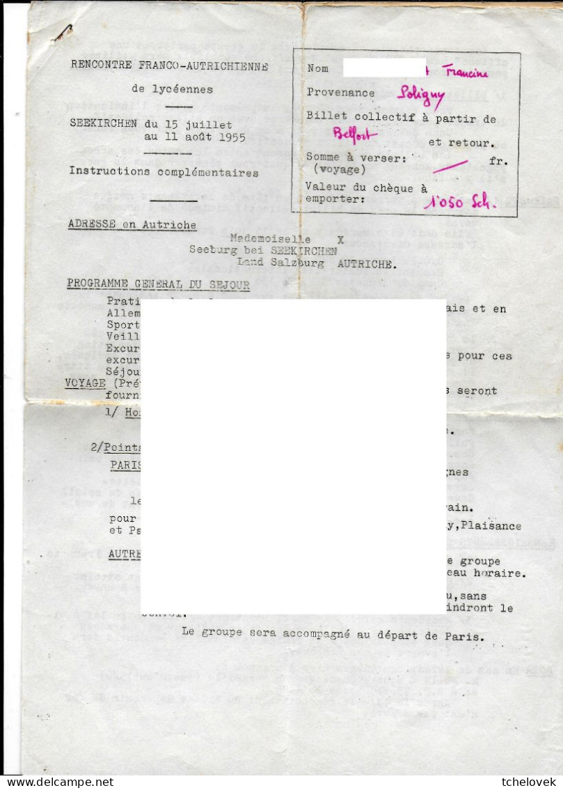 (Divers). Document Historique. Rencontre Franco-Autrichienne De Lycéennes Poligny Seekirchen 1955. Scolaire - Historische Dokumente