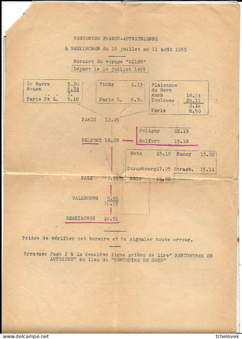 (Divers). Document Historique. Rencontre Franco-Autrichienne De Lycéennes Poligny Seekirchen 1955. Scolaire - Historische Dokumente