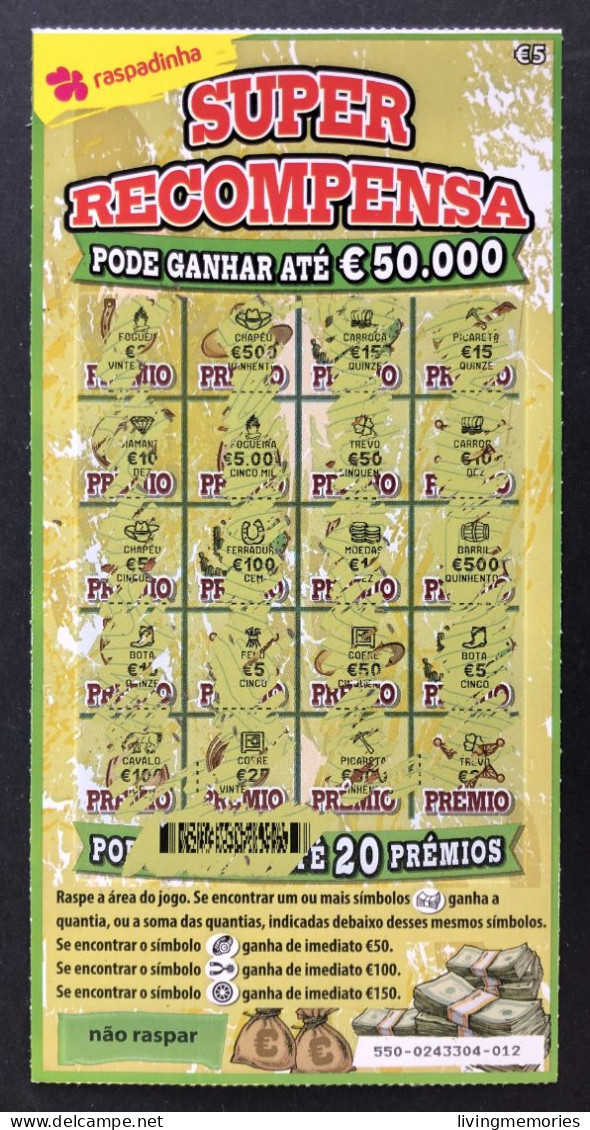 116 O, Lottery Tickets, Portugal, « Raspadinha », « SUPER RECOMPENSA Pode Ganhar Até €50.000 », Nº 550 - Lottery Tickets