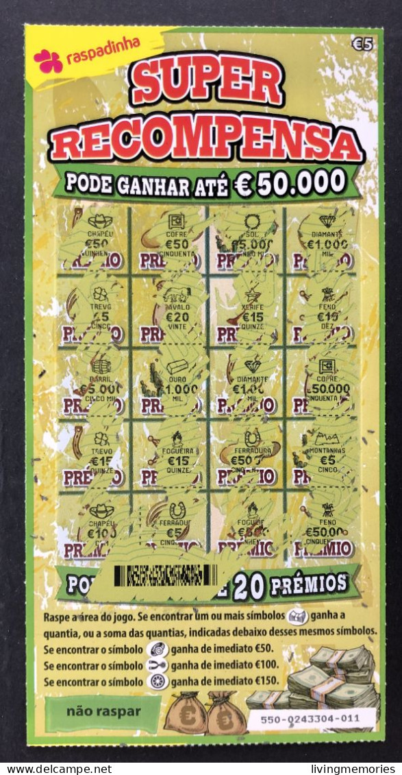 116 O, Lottery Tickets, Portugal, « Raspadinha », « SUPER RECOMPENSA Pode Ganhar Até €50.000 », Nº 550 - Billets De Loterie