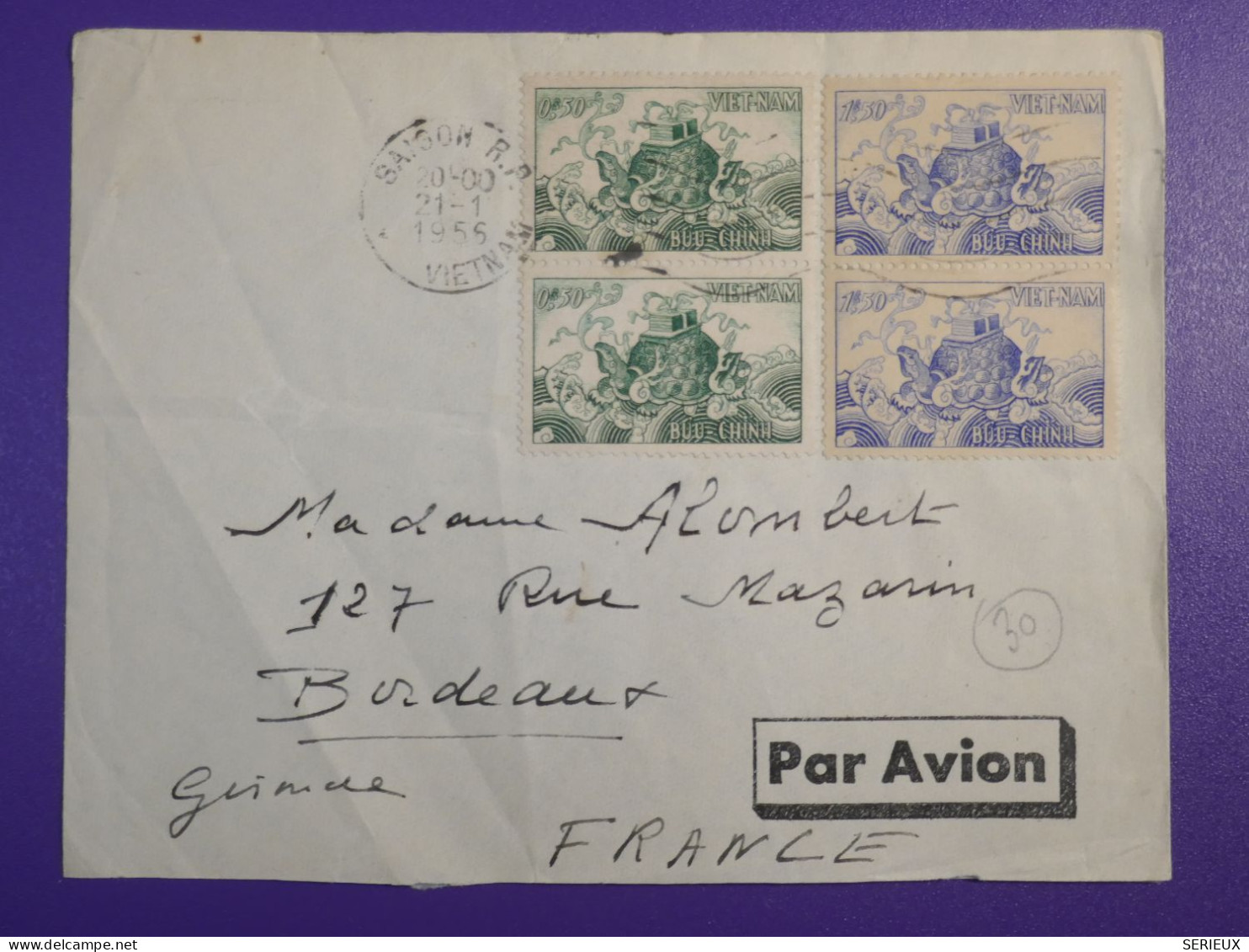 DL2  VIETNAM   BELLE  LETTRE  T.O.E  FM 1955   A BORDEAUX FRANCE +2 PAIRES + AFF. INTERESSANT+ - Vietnam