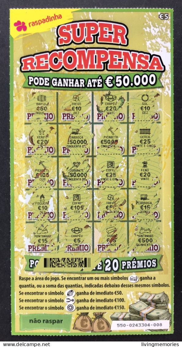 116 O, Lottery Tickets, Portugal, « Raspadinha », « SUPER RECOMPENSA Pode Ganhar Até €50.000 », Nº 550 - Lottery Tickets