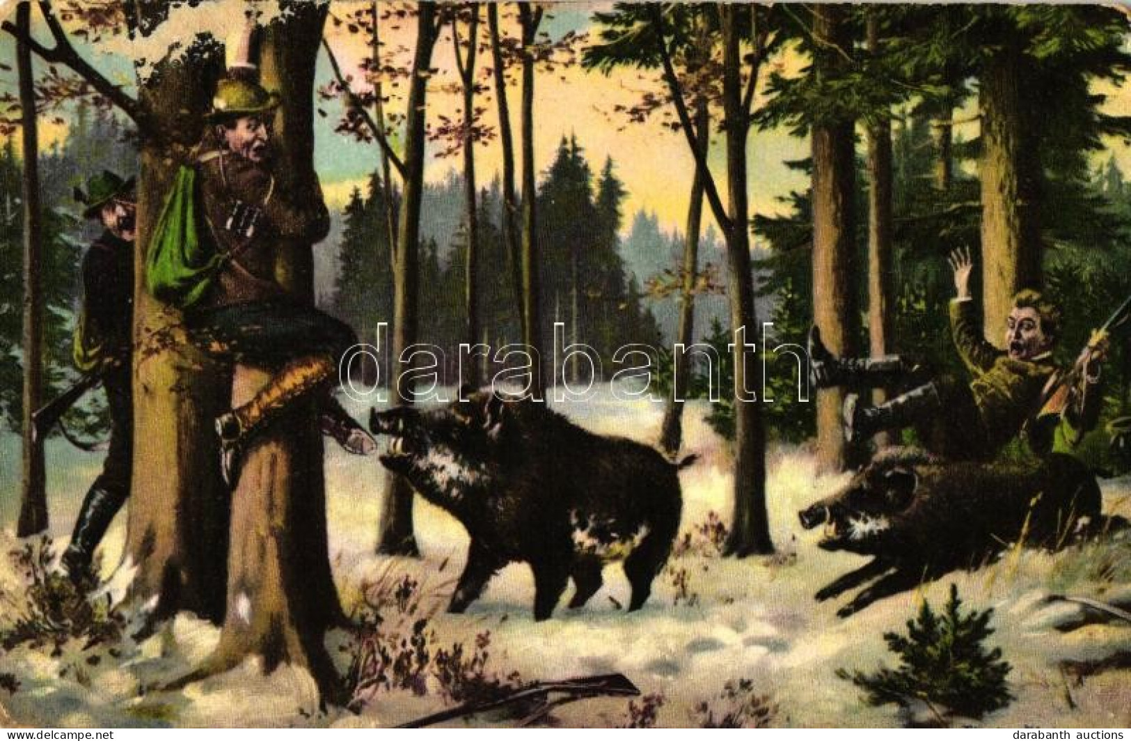 ** T3 Hunters, Wild Boars, Humour, P.V.K.Z. Serie 1059/4., Artist Signed (EB) - Zonder Classificatie