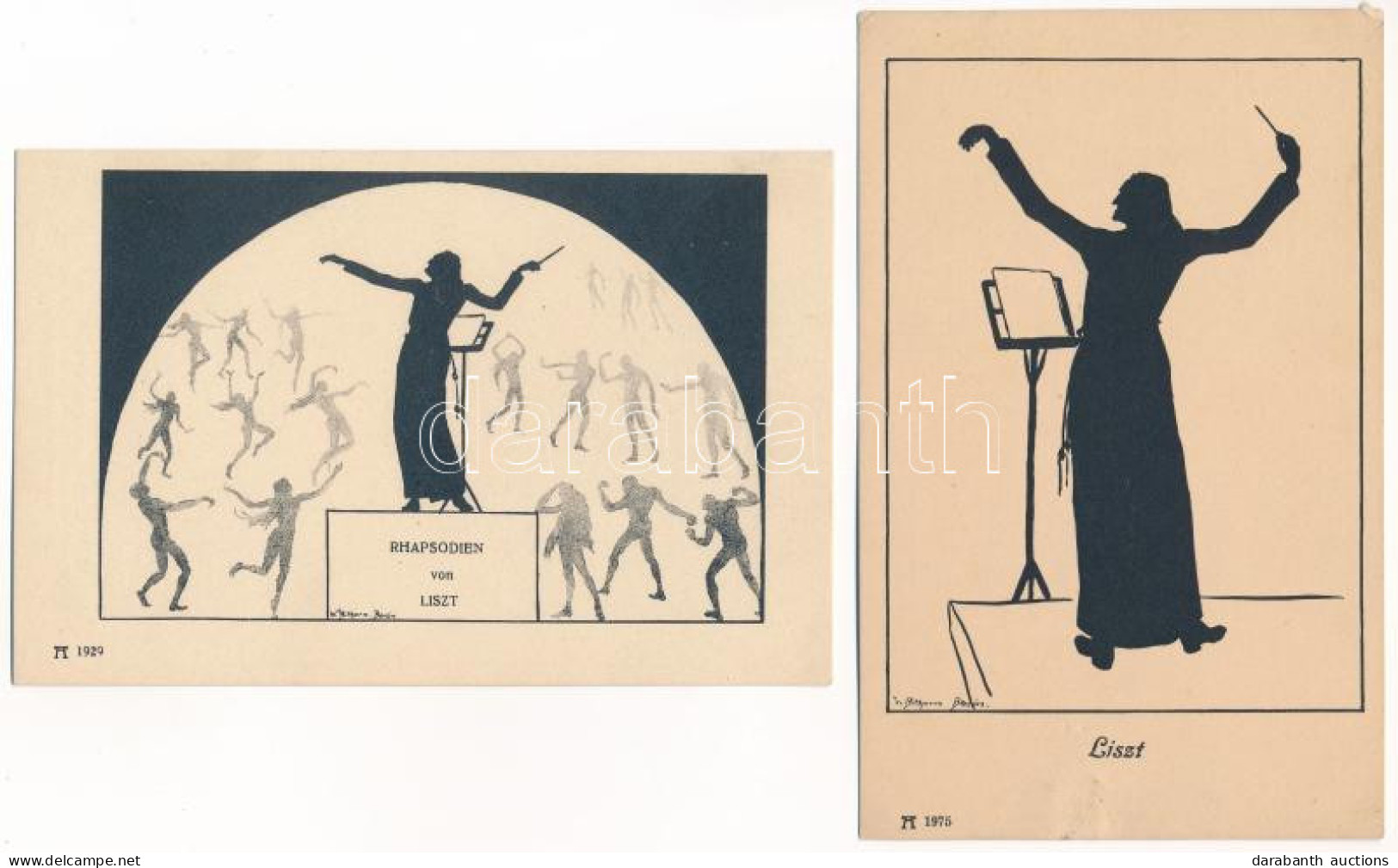 ** Liszt Ferenc / Franz Liszt - 2 Db Régi Sziluett Művészlap, Bithorn Szignóval / 2 Pre-1945 Silhouette Art Postcards, S - Ohne Zuordnung