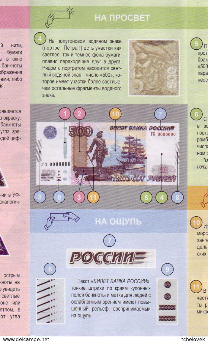 (Billets). Russie. Rossia. Plaquette Explicatif Des Signes Distinctifs Du Billet De 500 R Modification 2010 - Russie