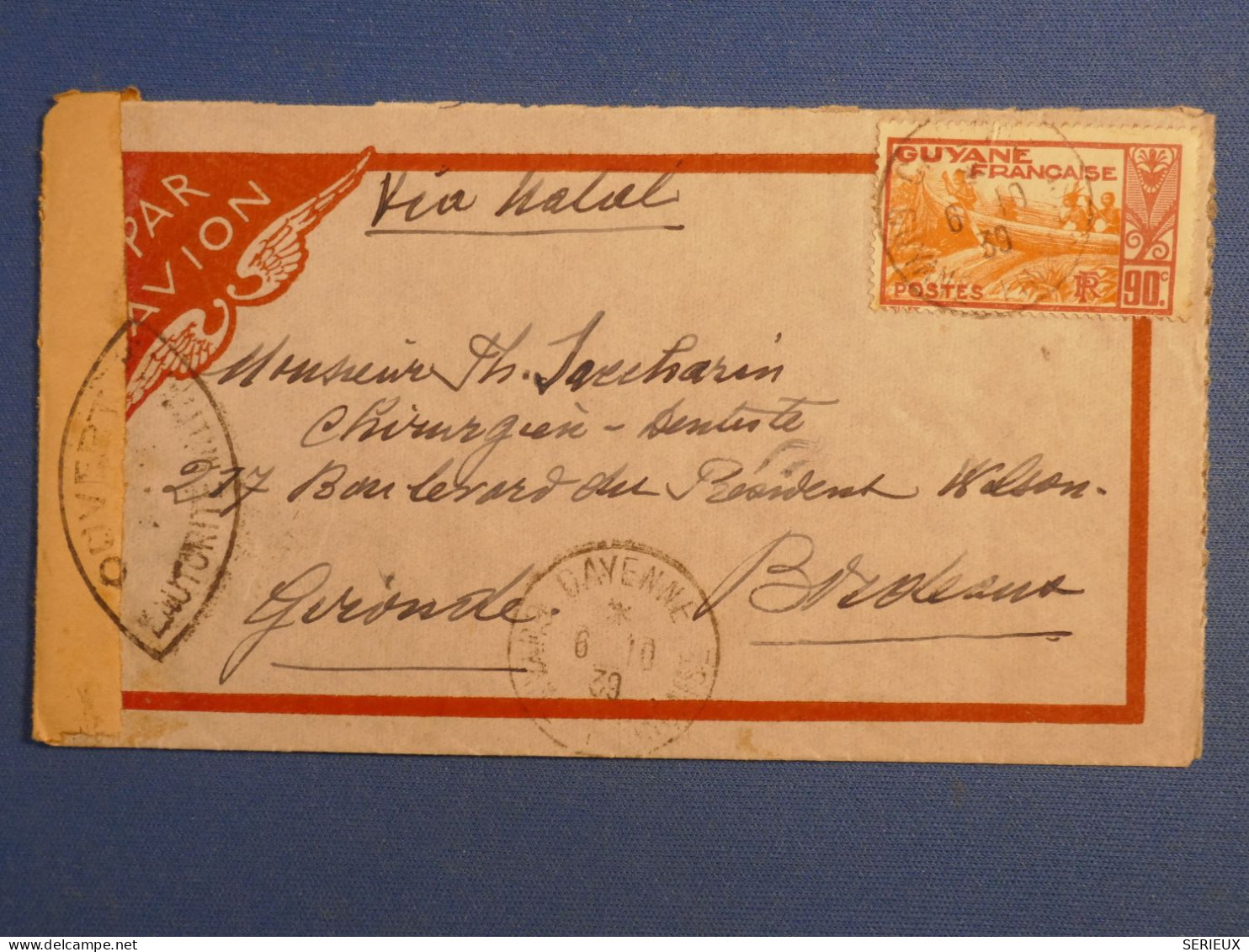 DL2  GUYANNE FRANCAISE  BELLE  LETTRE RR CENSUREE 1939 CAYENNE A BORDEAUX FRANCE  +PAIRE VERSO  + AFF. INTERESSANT+ - Storia Postale