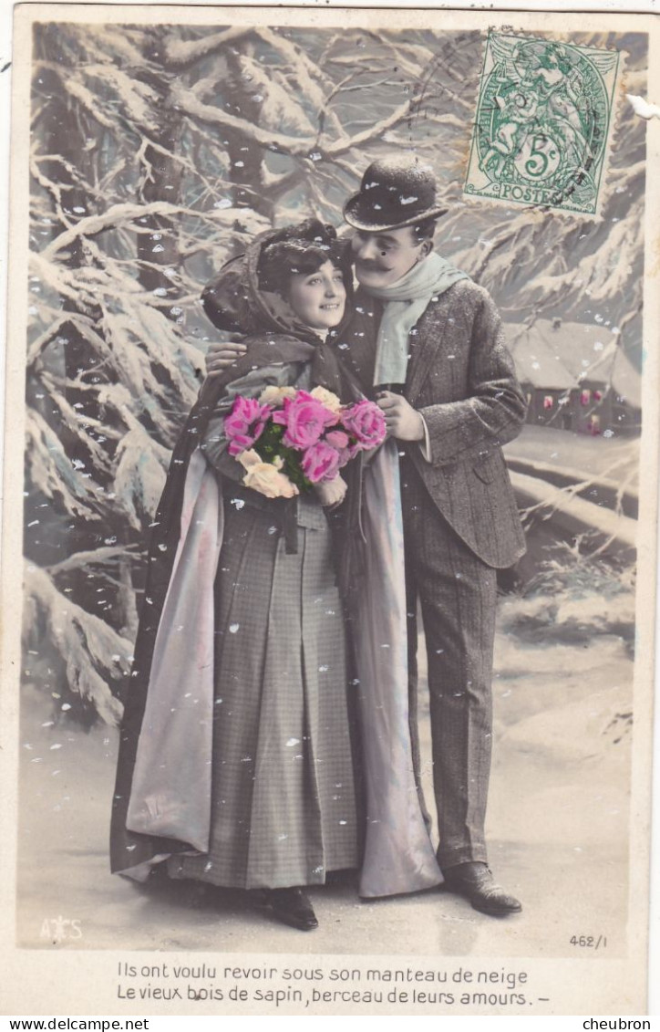 COUPLES. CPA FANTAISIE..SÉRIE COMPLÈTE DE 5 CARTES  COUPLE.. " SOUVENIRS SIUS LA NEIGE ". ANNÉE 1906 + TEXTE - Couples