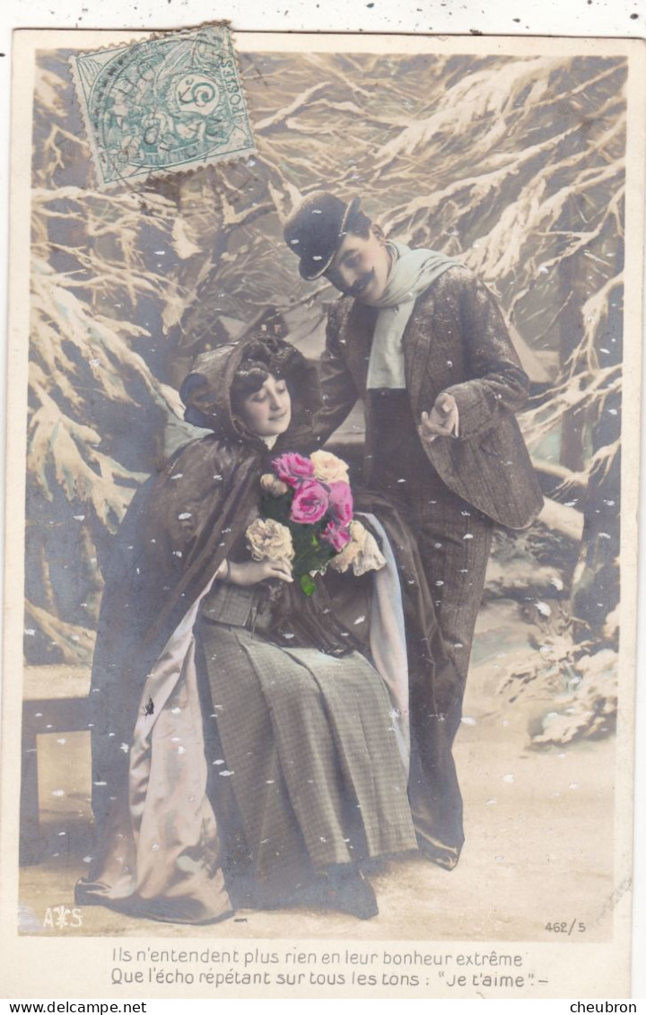 COUPLES. CPA FANTAISIE..SÉRIE COMPLÈTE DE 5 CARTES  COUPLE.. " SOUVENIRS SIUS LA NEIGE ". ANNÉE 1906 + TEXTE