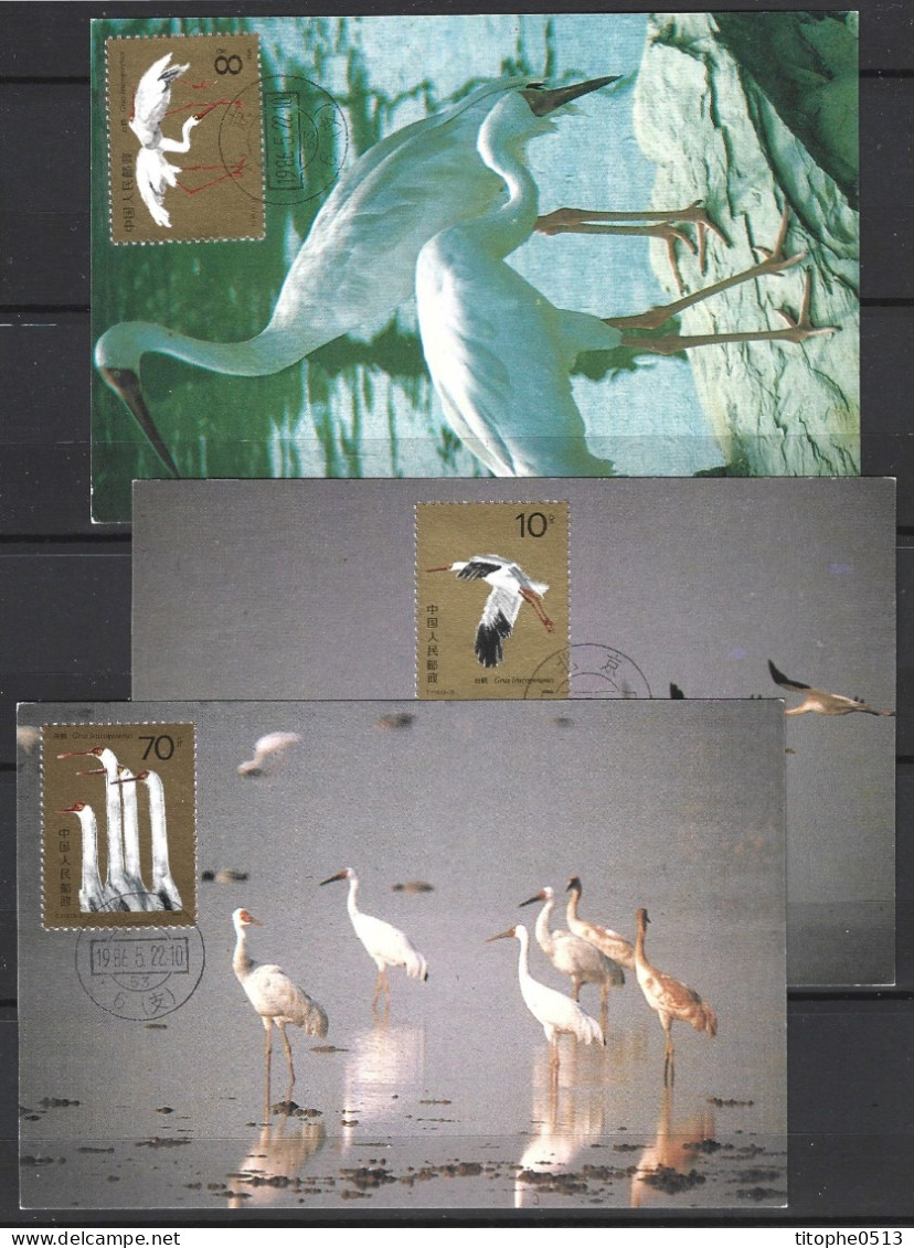 CHINE. N°2787-9 De 1986 Sur 3 Cartes Maximums. Grue Blanche. - Grues Et Gruiformes