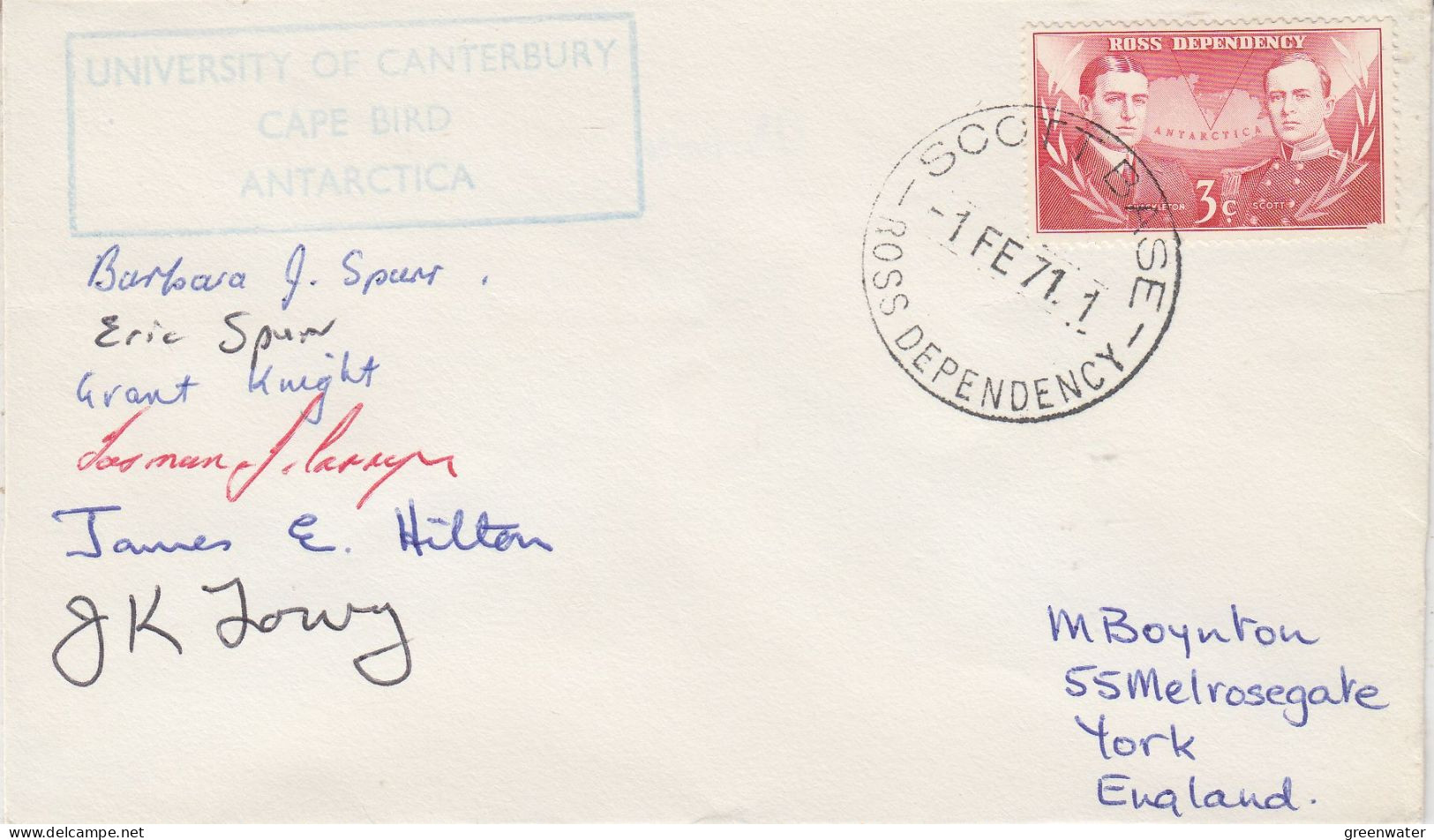 Ross Dependency 1971 University Of Canterbury Cape Bird 6 Signatures  Ca Scott Base 1 FEB 1971 (SO232) - Cartas & Documentos