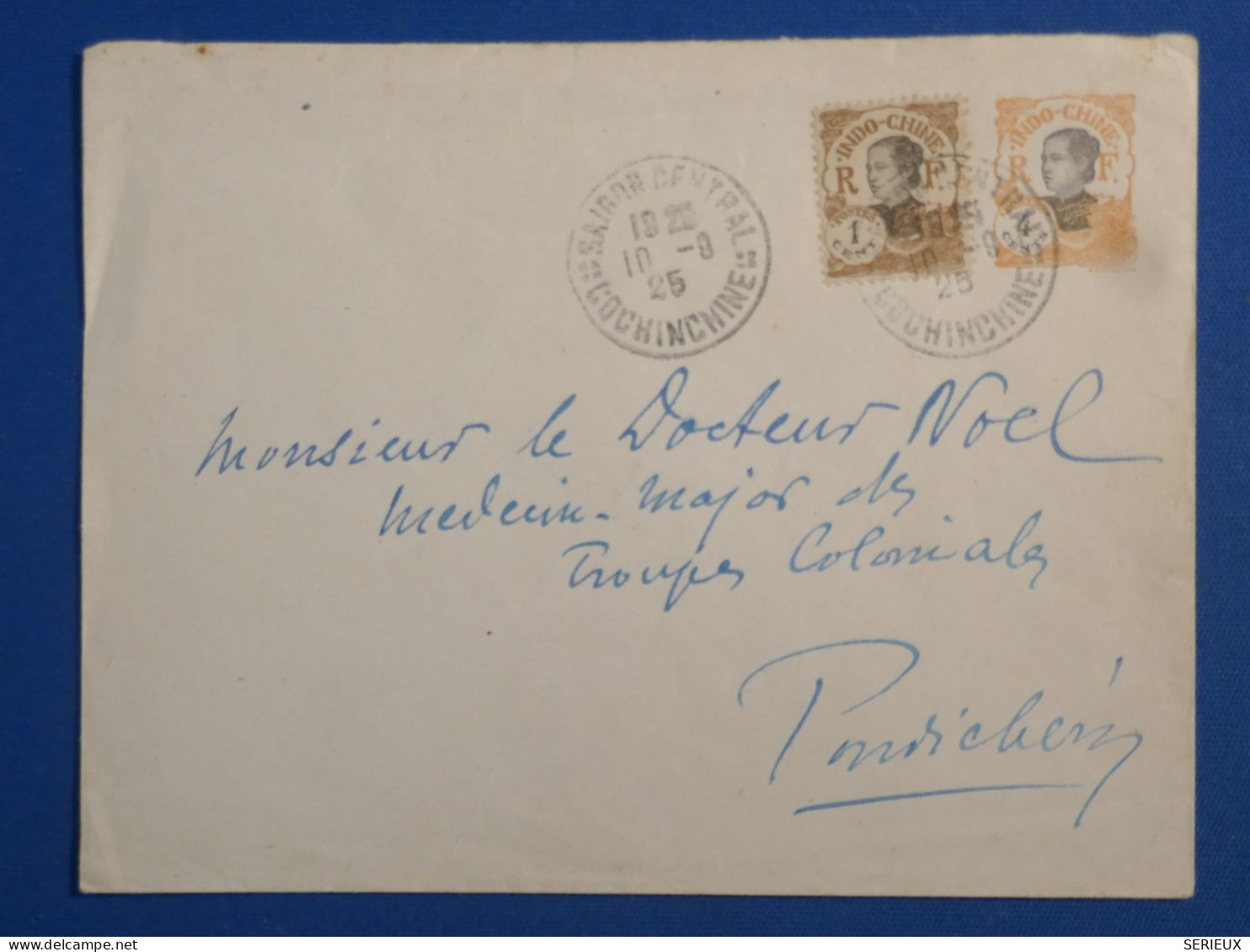 DL2  INDOCHINE FRANCAISE  BELLE  LETTRE  ENTIER RARE 1925 SAIGON  A PONDICHERY INDE ++  +  + AFF. INTERESSANT+ - Lettres & Documents