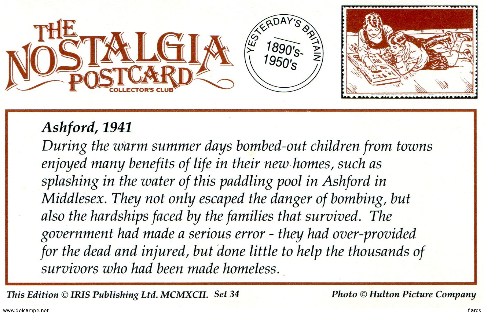 "Ashford,1941" Bombed-out Children, Summer Days, Paddling Pool, Middlesex, Homeless Survivors, WWII [CPM Nostalgia Card] - Groupes D'enfants & Familles
