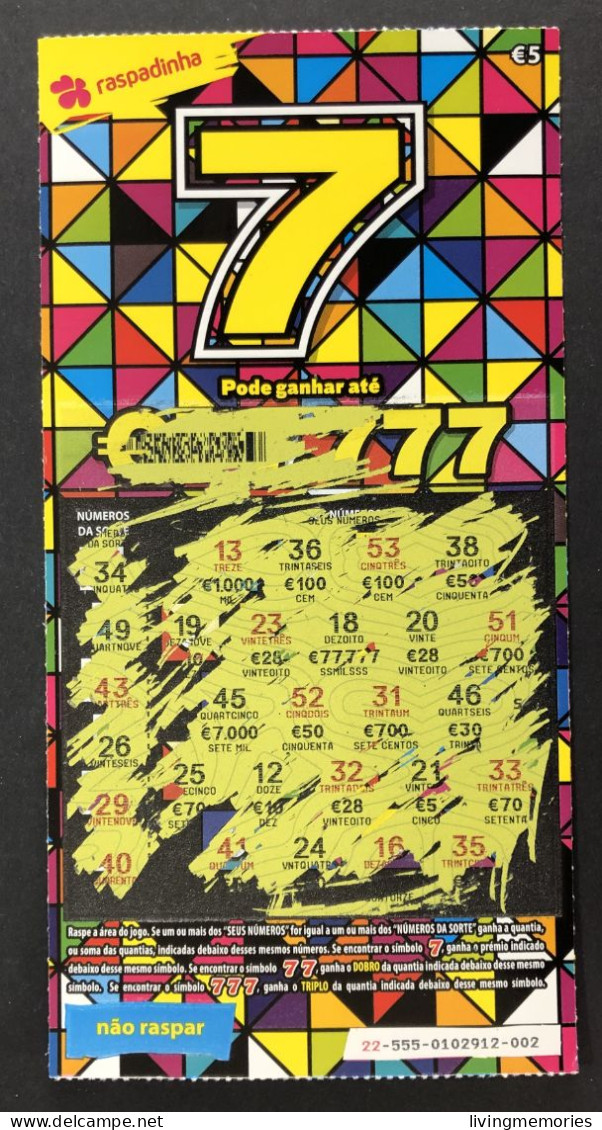 116 O, Lottery Tickets, Portugal, « Raspadinha », « Instant Lottery », « 7, Pode Ganhar Até € 7.777 », # 22 -555 - Billetes De Lotería