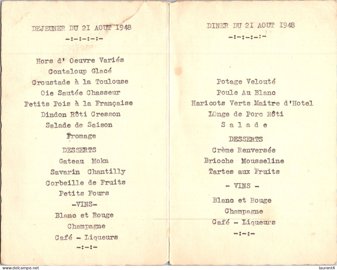 28-3-2024 (4 Y 16) Wedding Menu (card)  Menu De Noce - 1948 (2 Lunch & 1 Dinner) - Marriages