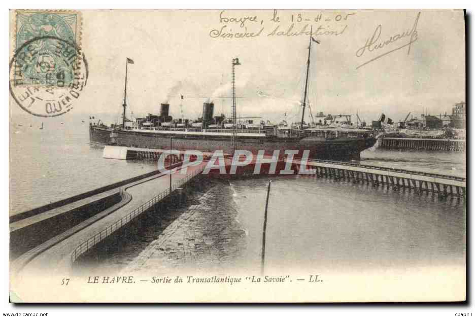 CPA Bateau Paquebot Le Havre Sortie Du Transatlantique La Savoie  - Steamers