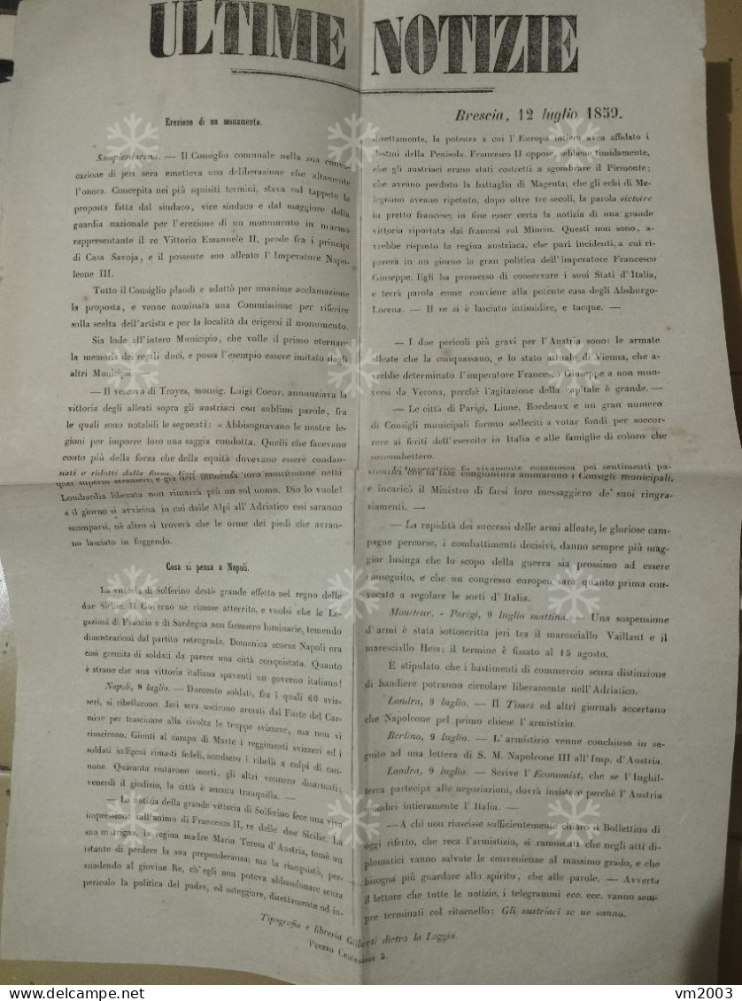 Giornale ULTIME NOTIZIE Brescia 12 Luglio 1859. SAMPIERDARENA Delibera Erezione Monumento A Vittorio Emanuele II - Vor 1900