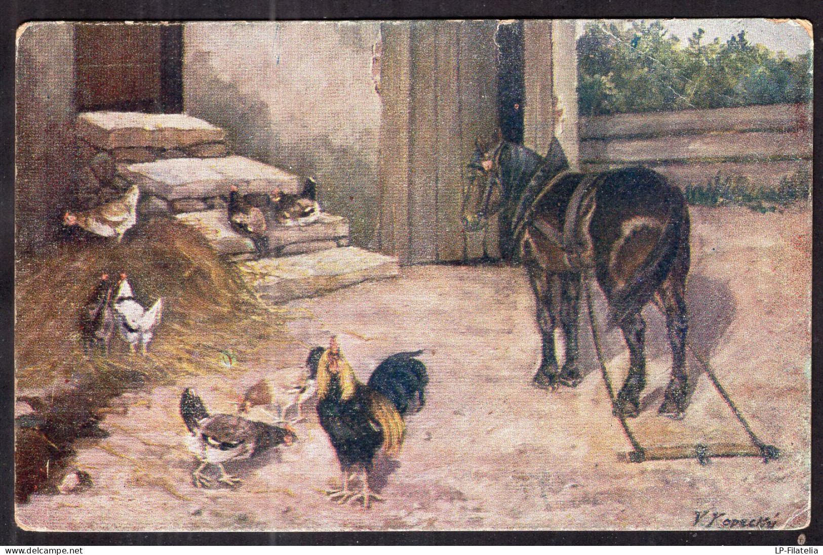 Postcard - Art - V. Kopecky - Horse With Chickens - Pferde