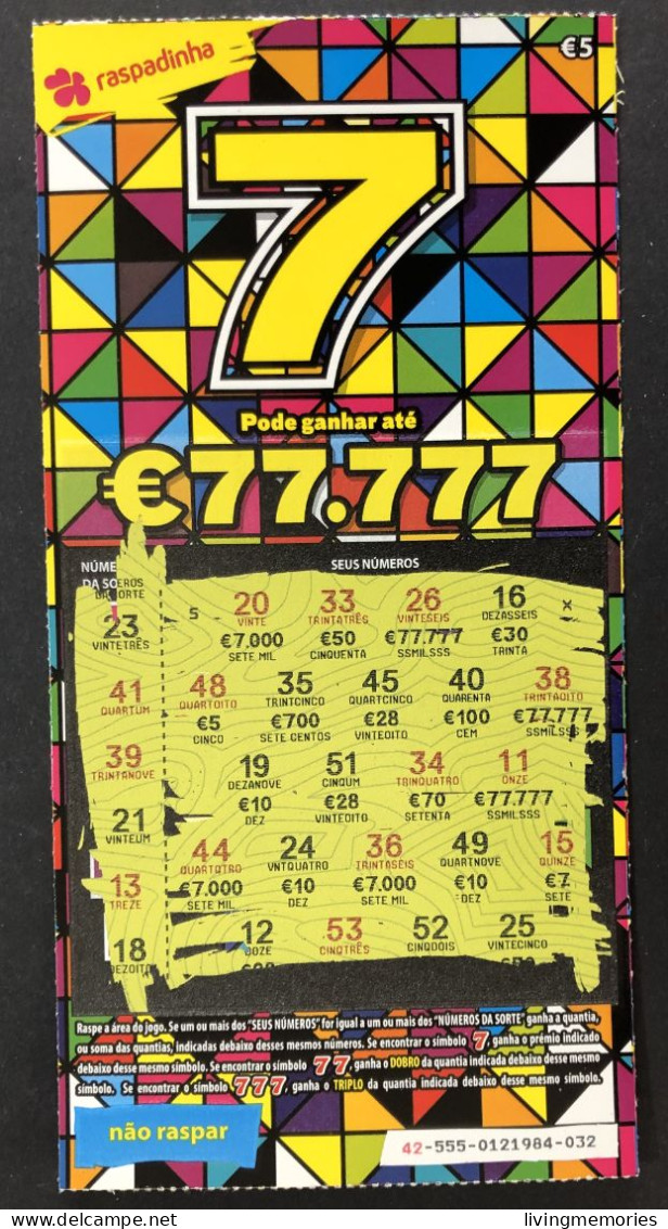 116 O, Lottery Tickets, Portugal, « Raspadinha », « Instant Lottery », « 7, Pode Ganhar Até € 7.777 », # 42 -555 - Billetes De Lotería